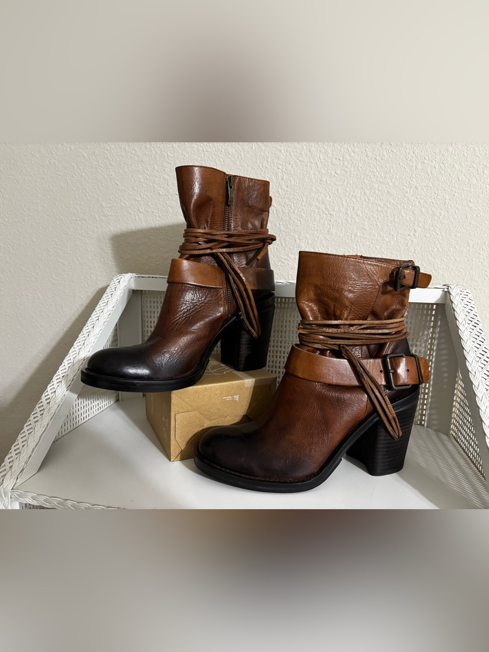 Unique Vince Camuto Brown Leather Heeled Booties w/Buckles & Rawhide Ankle Wrap